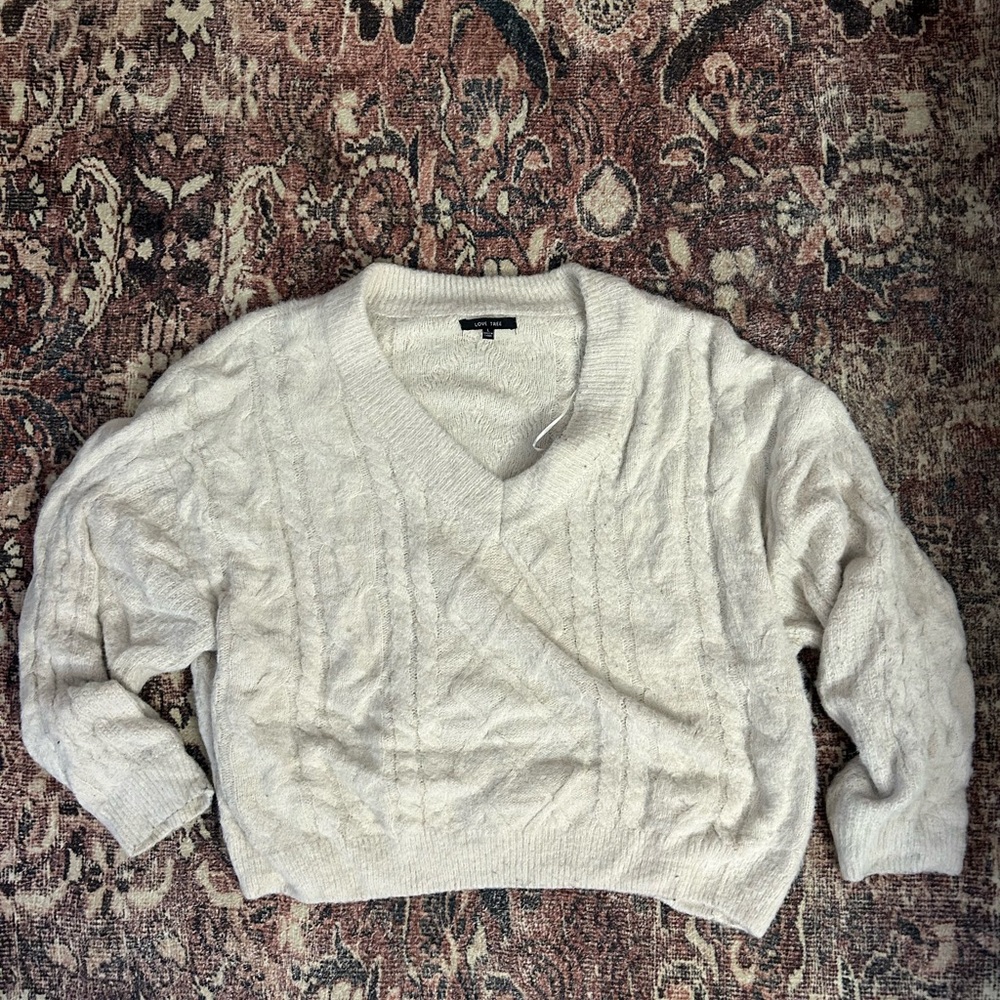 Love Tree Soft Cream V-Neck Sweater